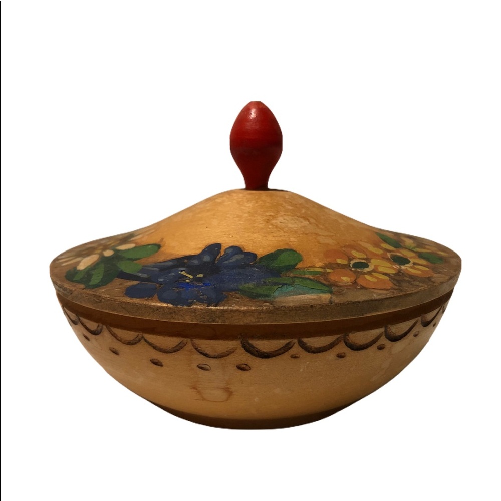 Vtg Russian Handmade Wooden Turned Painted Jewelry Trinket Ring Box Unique Art